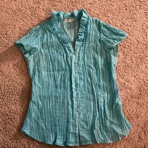 Turquoise Ruffle Button Top Medium